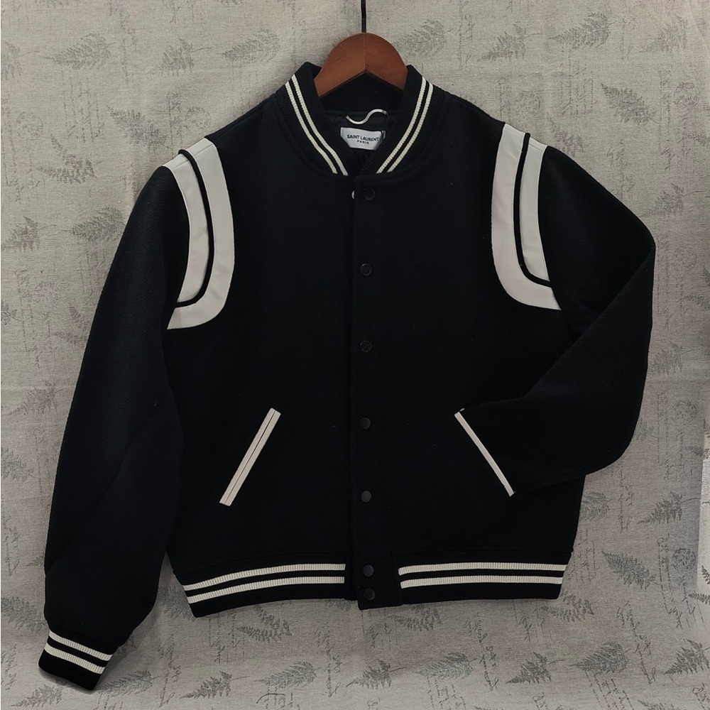 Saint Laurent Black and White Contrast Varsity Bomber Jacket